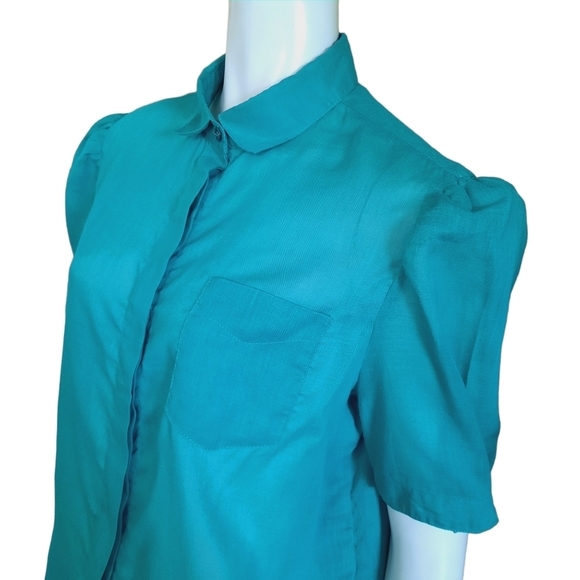 VINTAGE 80s Top Size Medium Semi Sheer Cotton Kelly Green Short Poof Sleeves - Picture 5 of 11